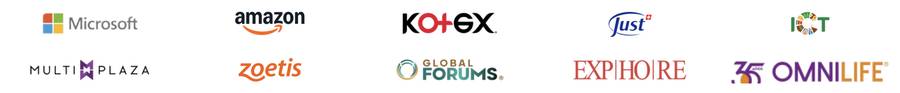 Logos de Microsoft, Amazon, Kotex, Just, ICT, Multiplaza, Zoetis, Global Forums, ExpHoRe y Omnilife